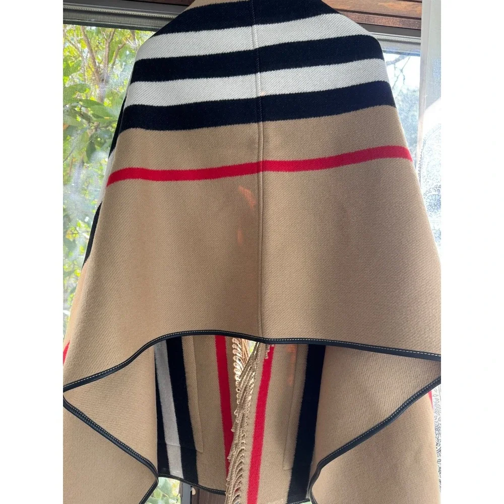 Burberry  Fringe Cape Poncho Wrap Shawl pockets stripes archive  beige wool NEW